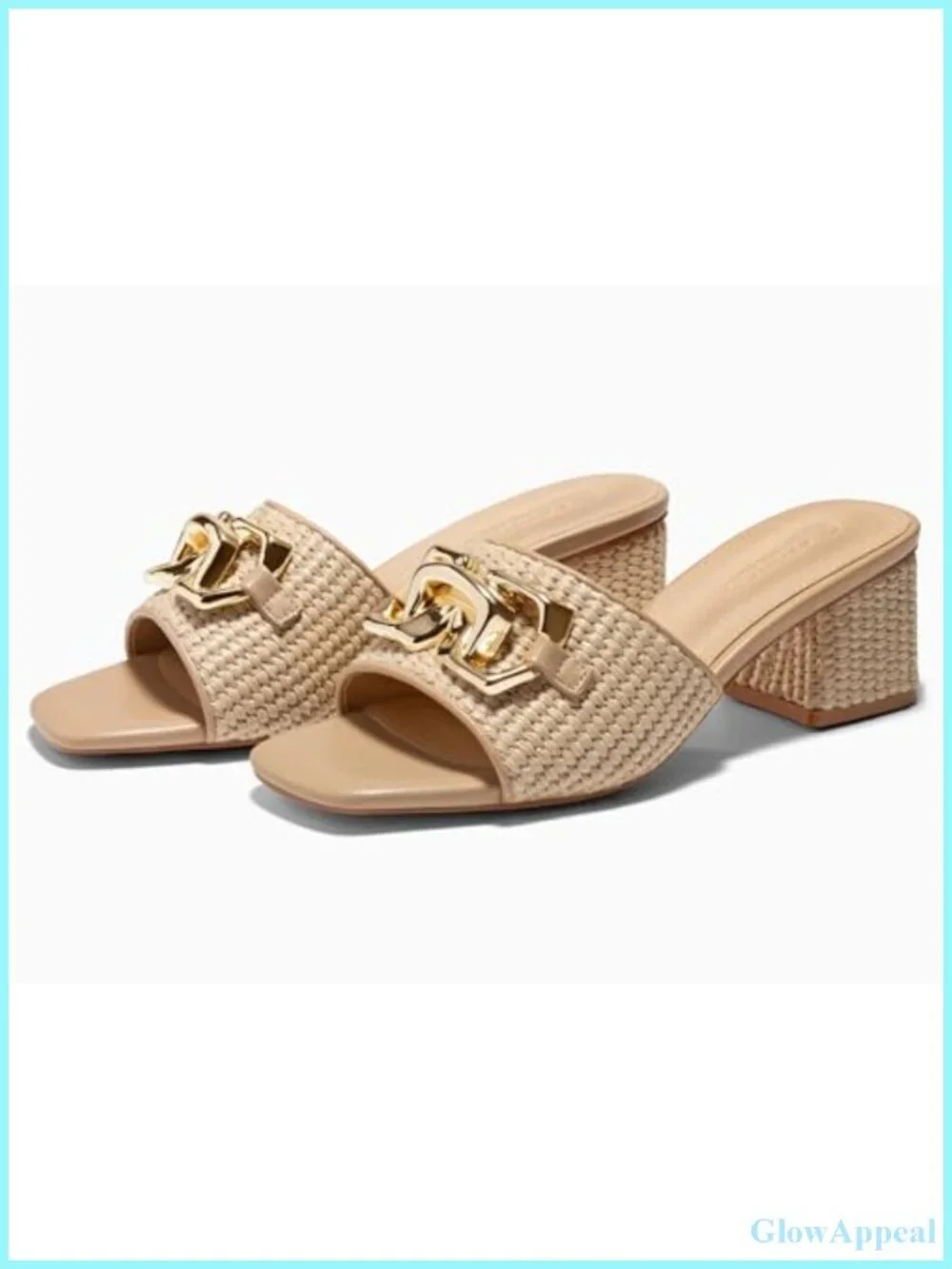 Raffia Sandals Block Heel Square Toe Metal Chain Slip On Mules Dressy